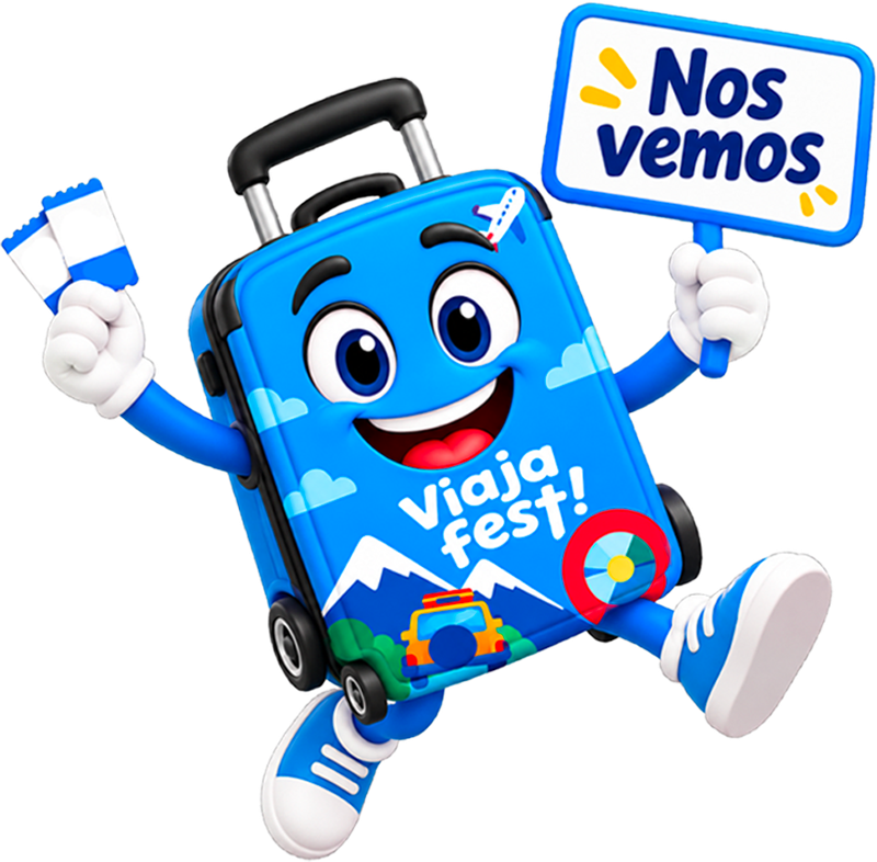 Maleta mascota de Viaja Fest con cartel Nos vemos